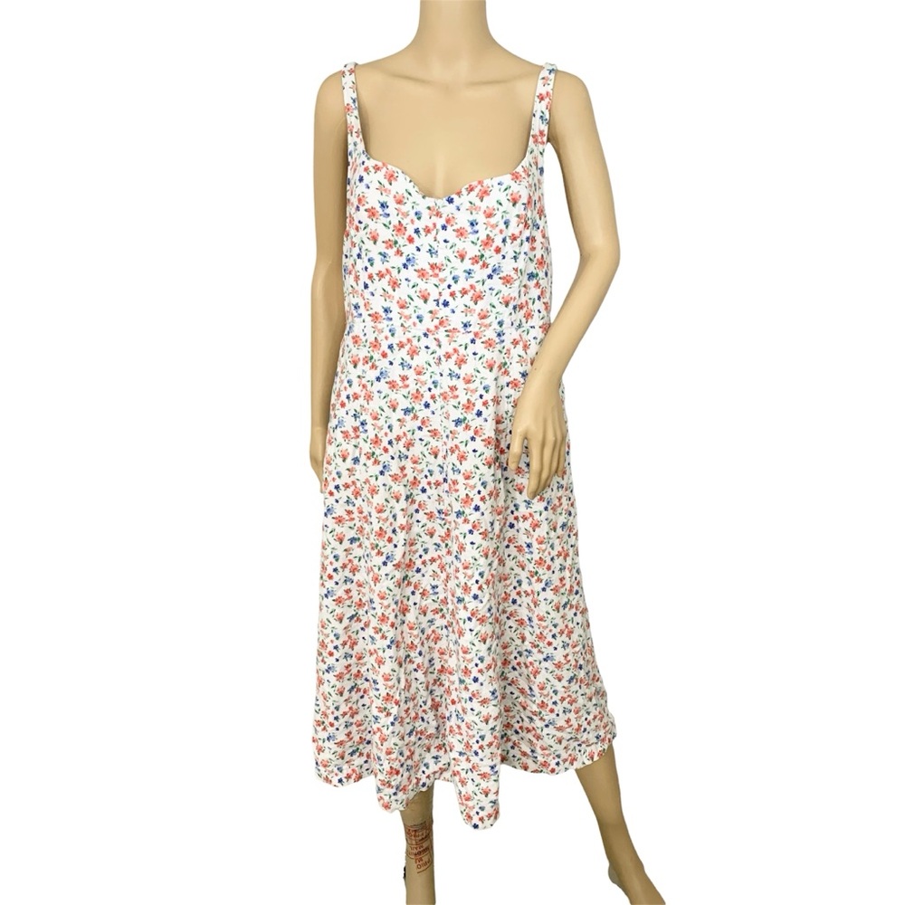 Old Navy Womens XL Fit & Flare Linen Blend Midi Dress Floral Smocked Beachy EUC